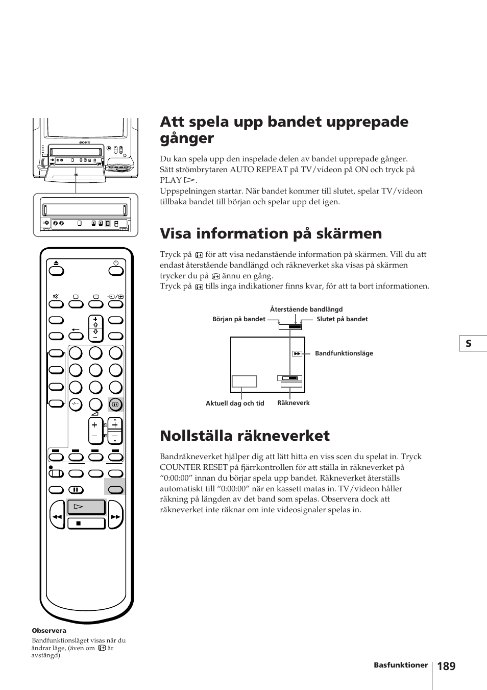 Att spela upp bandet upprepade gånger, Visa information på skärmen, Nollställa räkneverket | Sony Trinitron KV-14V4D User Manual | Page 189 / 210