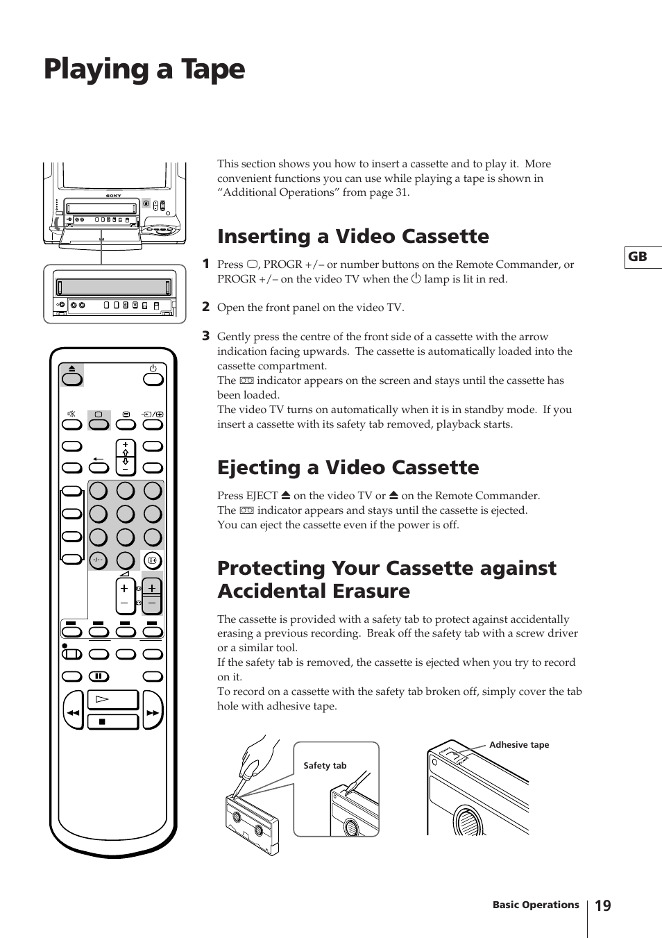 Playing a tape, Inserting a video cassette, Ejecting a video cassette | Sony Trinitron KV-14V4D User Manual | Page 19 / 210