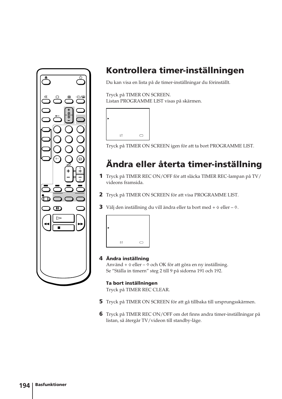 Kontrollera timer-inställningen, Ändra eller återta timer-inställning, Basfunktioner | Sony Trinitron KV-14V4D User Manual | Page 194 / 210