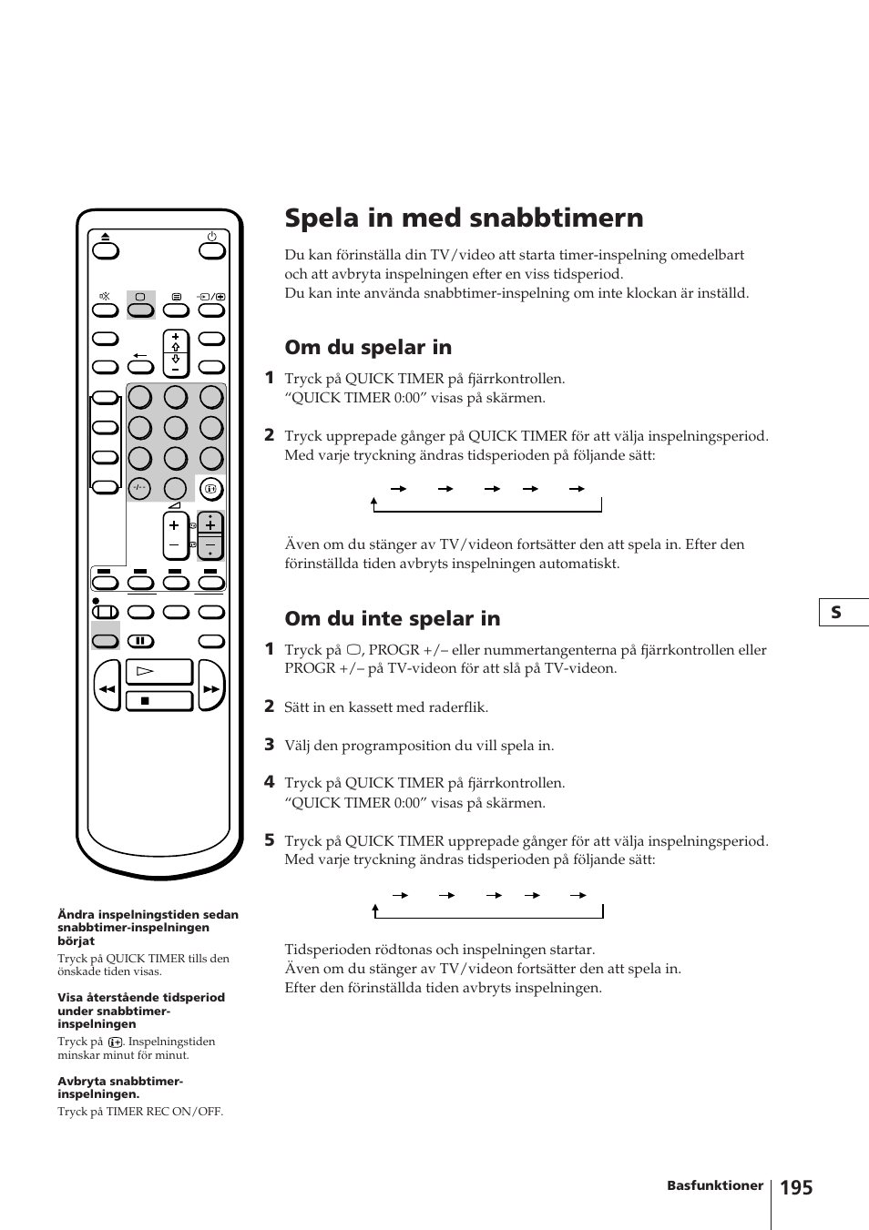 Spela in med snabbtimern, Om du spelar in, Om du inte spelar in | Sony Trinitron KV-14V4D User Manual | Page 195 / 210
