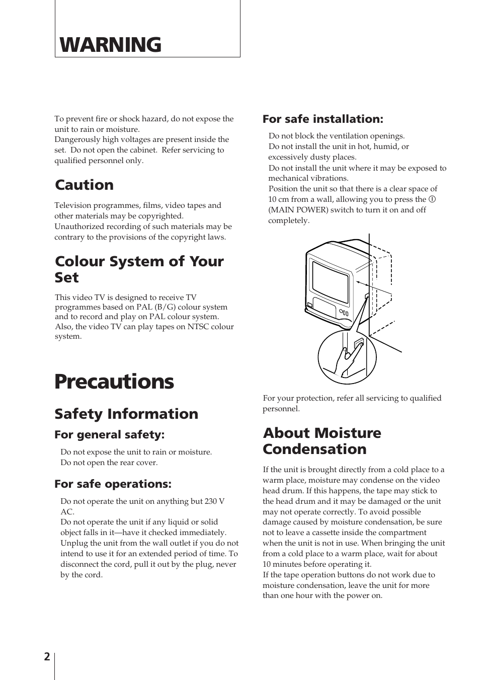 Warning, Precautions, About moisture condensation | Caution, Colour system of your set, Safety information | Sony Trinitron KV-14V4D User Manual | Page 2 / 210