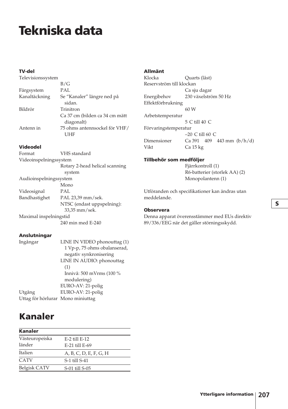 Tekniska data, Kanaler | Sony Trinitron KV-14V4D User Manual | Page 207 / 210