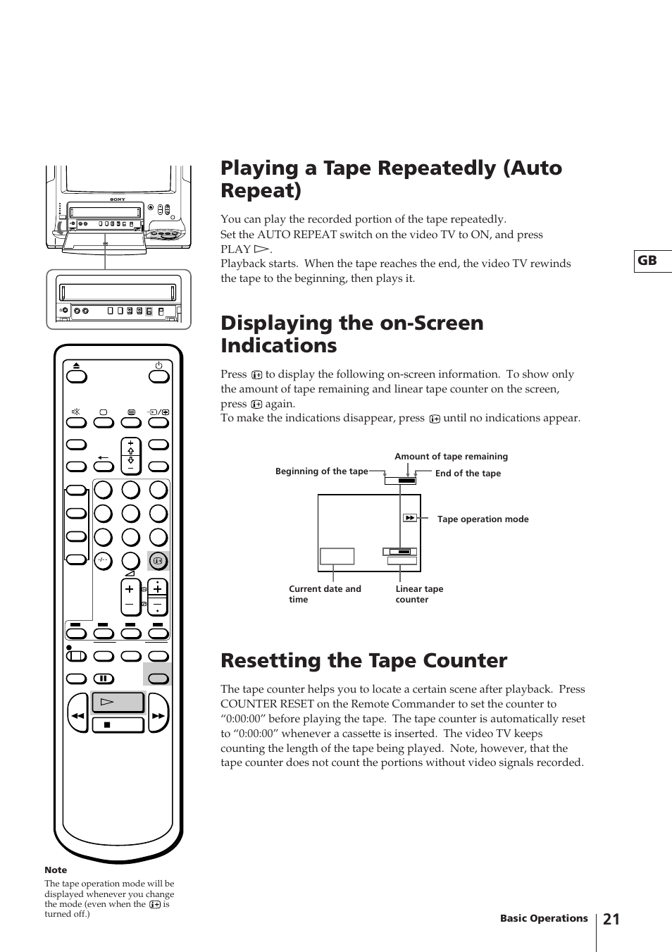 Playing a tape repeatedly (auto repeat), Displaying the on-screen indications, Resetting the tape counter | Sony Trinitron KV-14V4D User Manual | Page 21 / 210