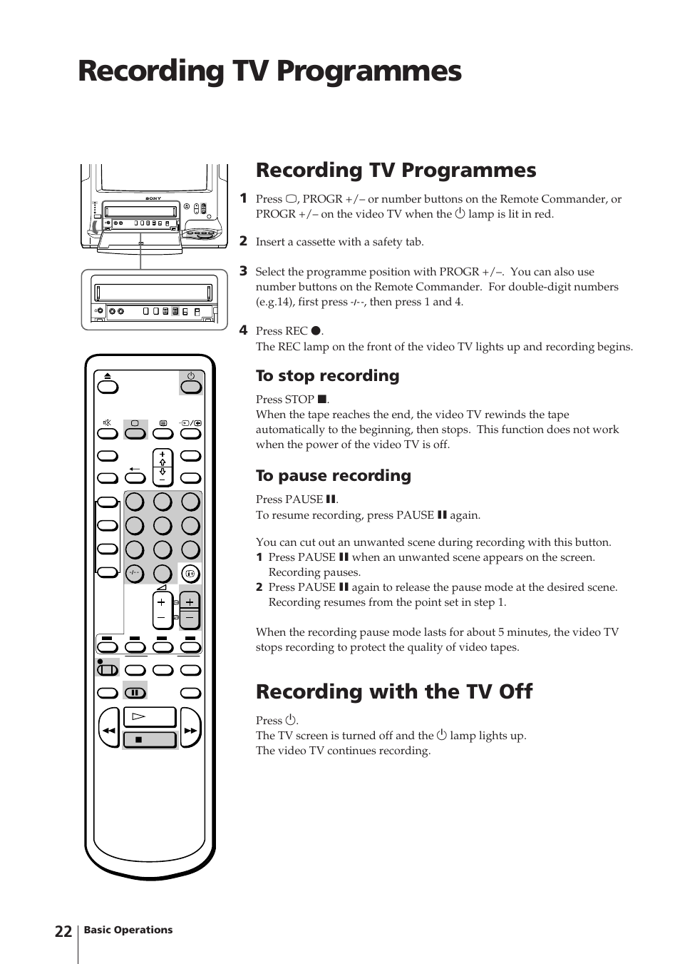Recording tv programmes, Recording with the tv off | Sony Trinitron KV-14V4D User Manual | Page 22 / 210