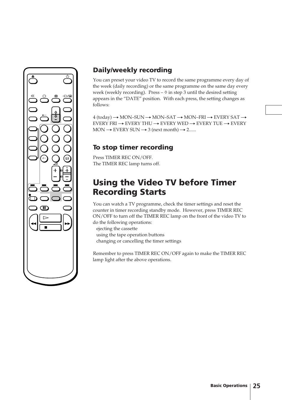 Using the video tv before timer recording starts, Daily/weekly recording | Sony Trinitron KV-14V4D User Manual | Page 25 / 210