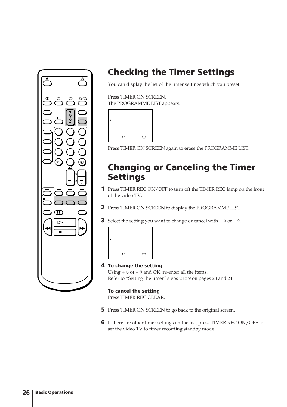 Checking the timer settings, Changing or canceling the timer settings, Basic operations | Sony Trinitron KV-14V4D User Manual | Page 26 / 210