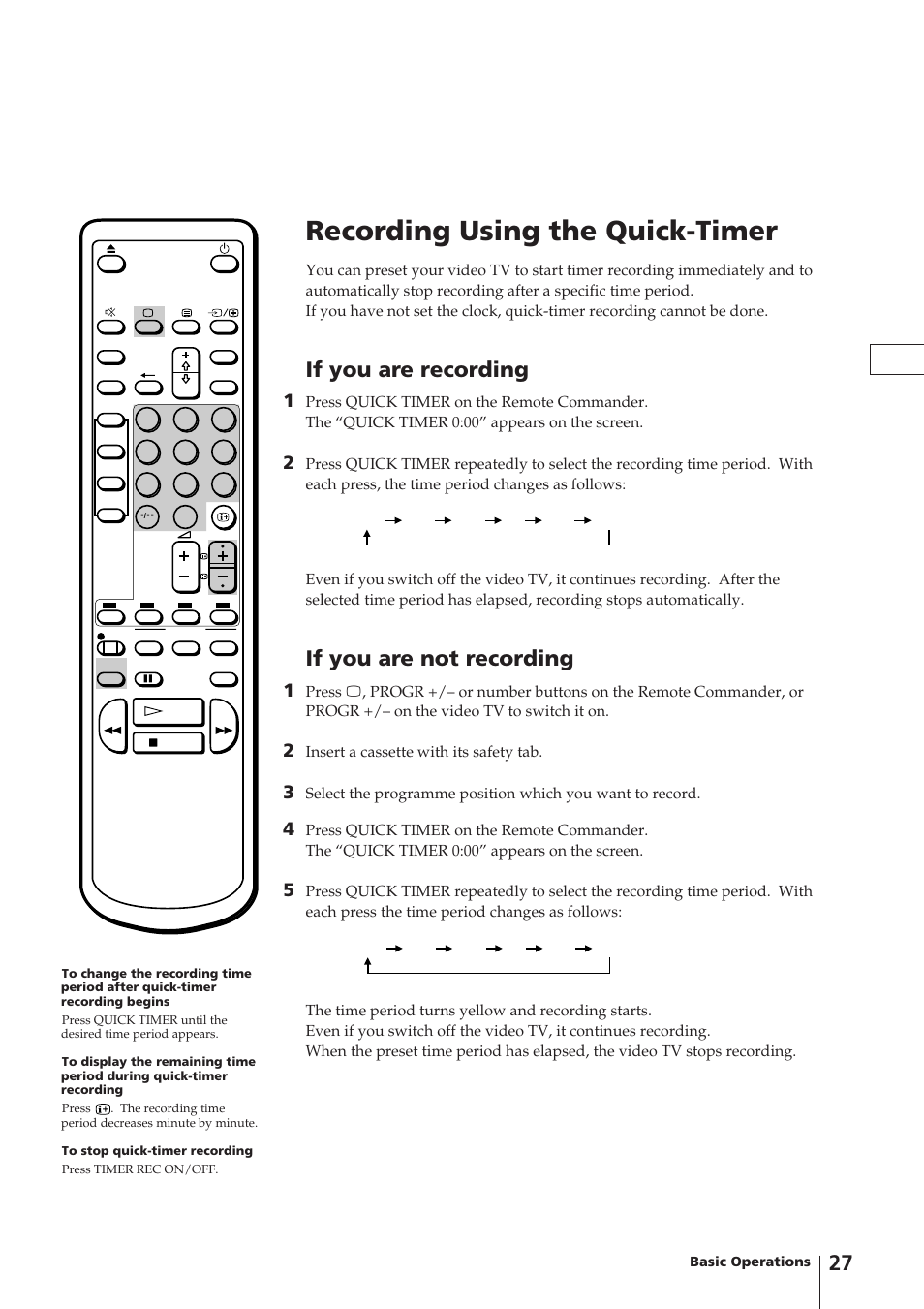 Recording using the quick-timer, If you are recording, If you are not recording | Sony Trinitron KV-14V4D User Manual | Page 27 / 210