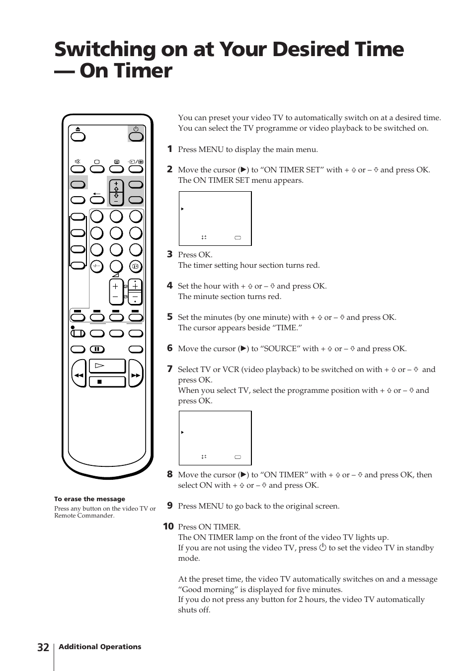 Switching on at your desired time — on timer, Press menu to display the main menu, Press menu to go back to the original screen | Sony Trinitron KV-14V4D User Manual | Page 32 / 210