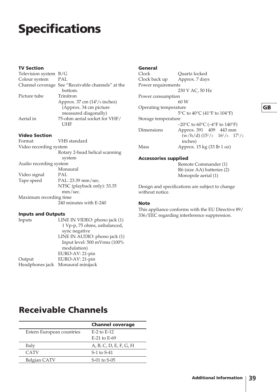 Specifications, Receivable channels | Sony Trinitron KV-14V4D User Manual | Page 39 / 210