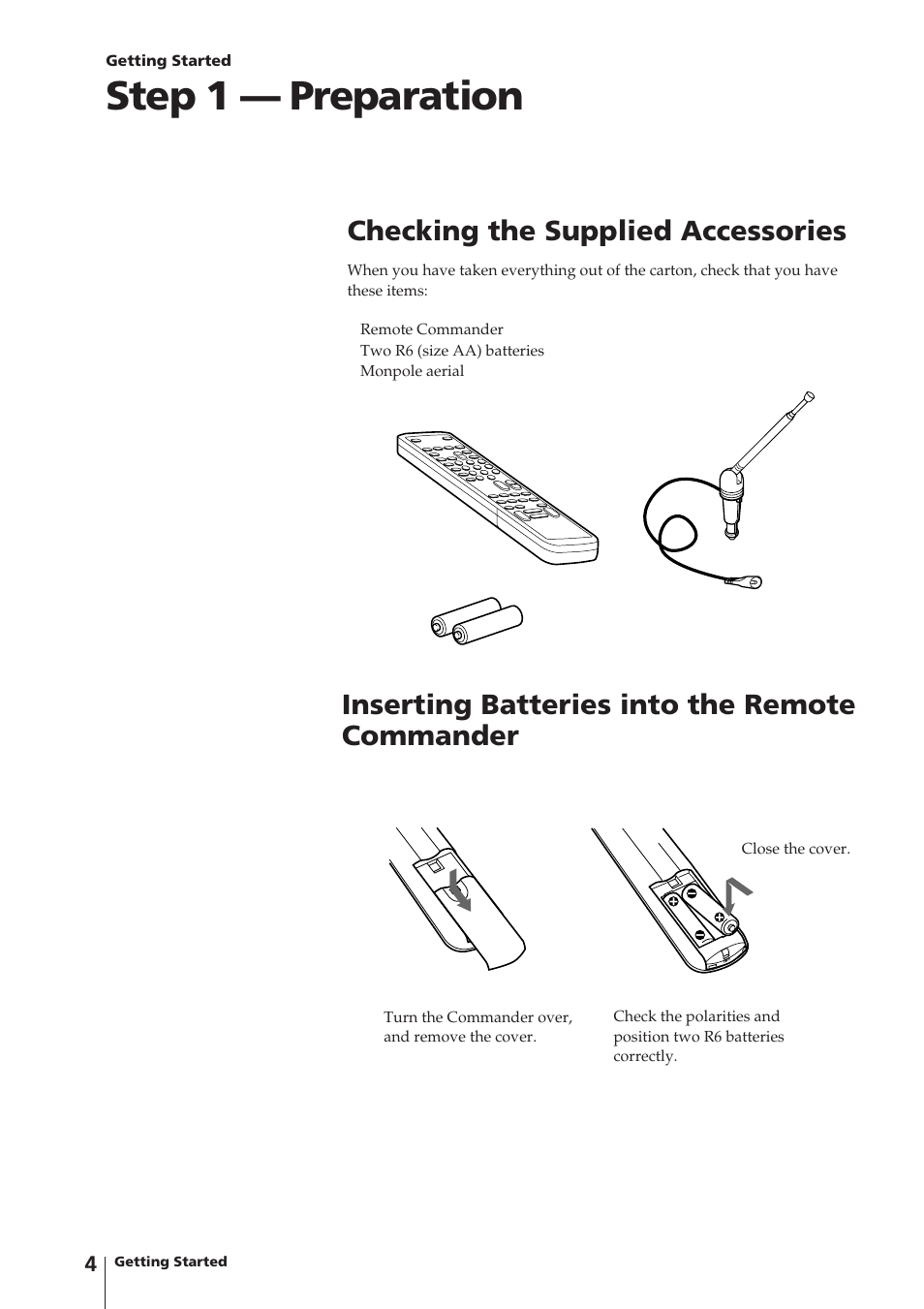 Step 1 — preparation, Inserting batteries into the remote commander, Checking the supplied accessories | Sony Trinitron KV-14V4D User Manual | Page 4 / 210