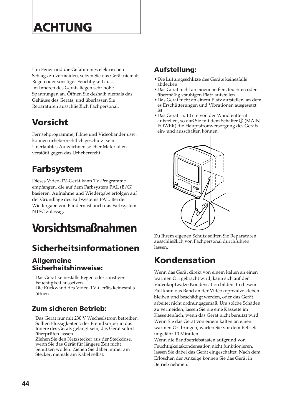 Vorsichtsmaßnahmen, Achtung, Vorsicht | Farbsystem, Sicherheitsinformationen, Kondensation | Sony Trinitron KV-14V4D User Manual | Page 44 / 210