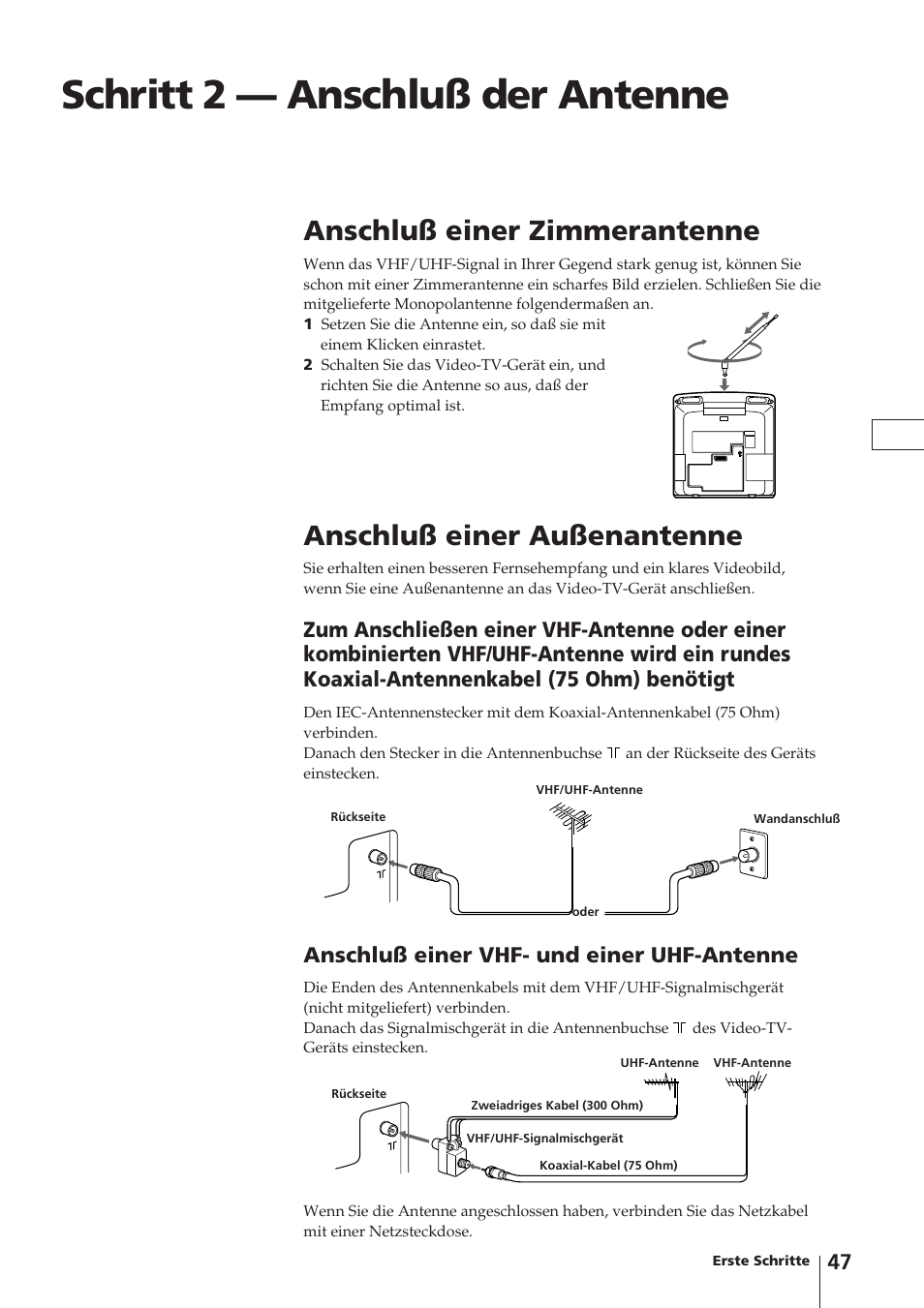 Schritt 2 — anschluß der antenne, Anschluß einer zimmerantenne, Anschluß einer außenantenne | Anschluß einer vhf- und einer uhf-antenne | Sony Trinitron KV-14V4D User Manual | Page 47 / 210