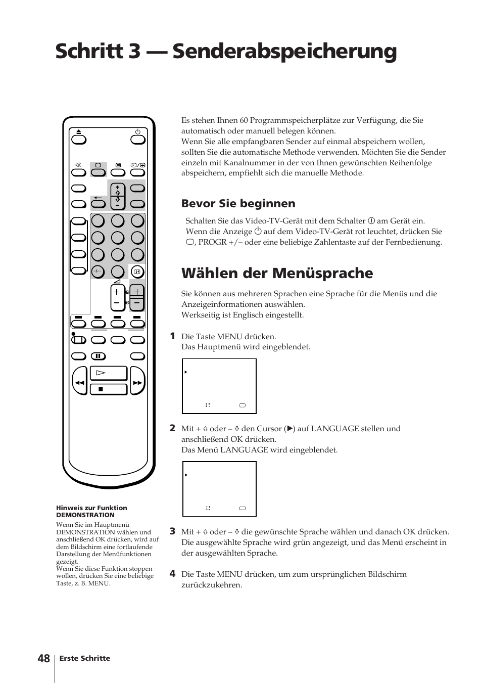 Schritt 3 — senderabspeicherung, Wählen der menüsprache, Bevor sie beginnen | Sony Trinitron KV-14V4D User Manual | Page 48 / 210