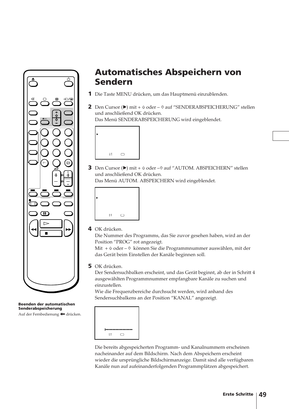 Automatisches abspeichern von sendern, Erste schritte | Sony Trinitron KV-14V4D User Manual | Page 49 / 210