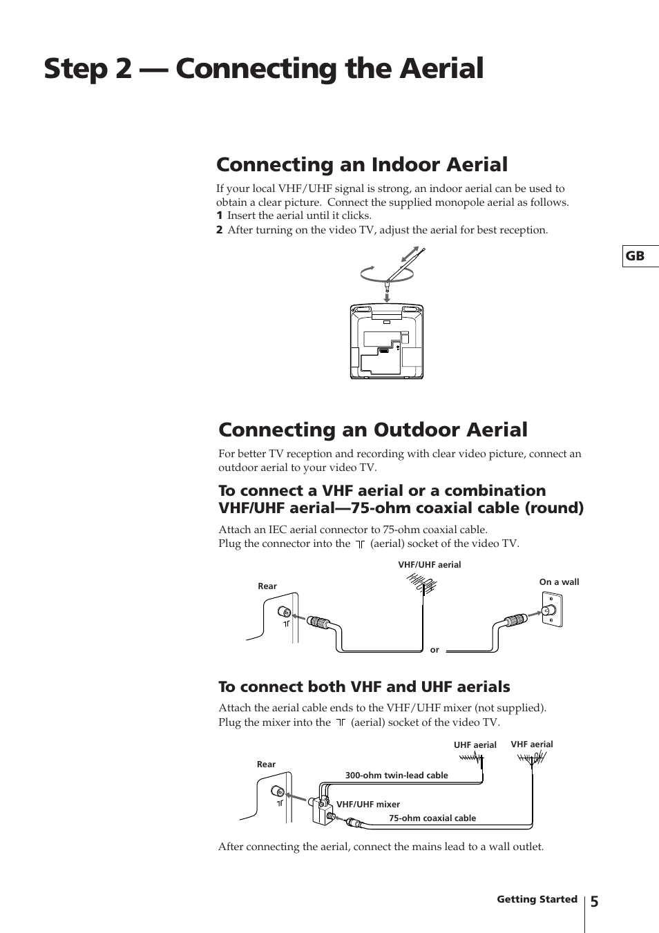 Step 2 — connecting the aerial, Connecting an indoor aerial, Connecting an outdoor aerial | Sony Trinitron KV-14V4D User Manual | Page 5 / 210