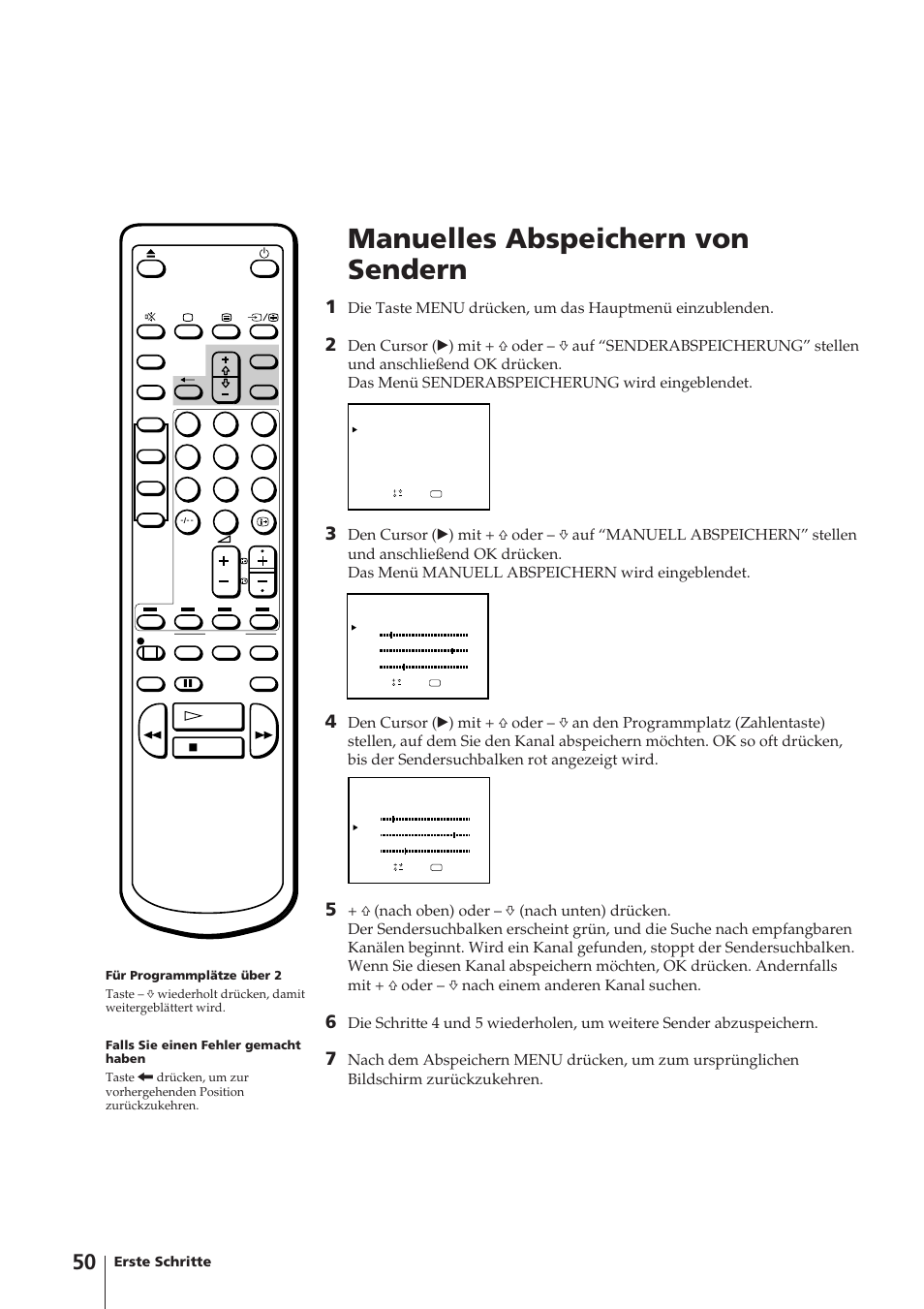 Manuelles abspeichern von sendern, Erste schritte | Sony Trinitron KV-14V4D User Manual | Page 50 / 210