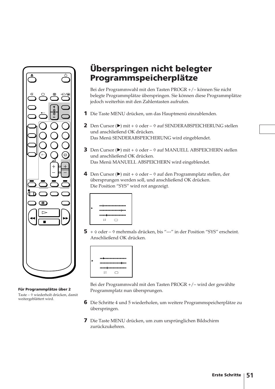 Überspringen nicht belegter programmspeicherplätze, Erste schritte | Sony Trinitron KV-14V4D User Manual | Page 51 / 210