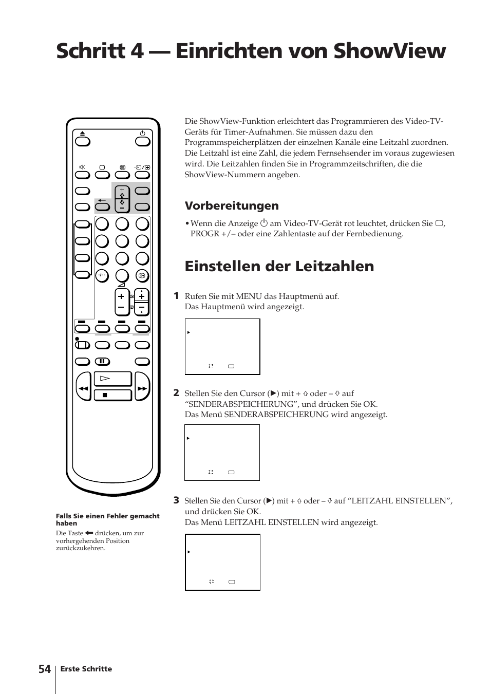 Schritt 4 — einrichten von showview, Einstellen der leitzahlen, Vorbereitungen | Sony Trinitron KV-14V4D User Manual | Page 54 / 210