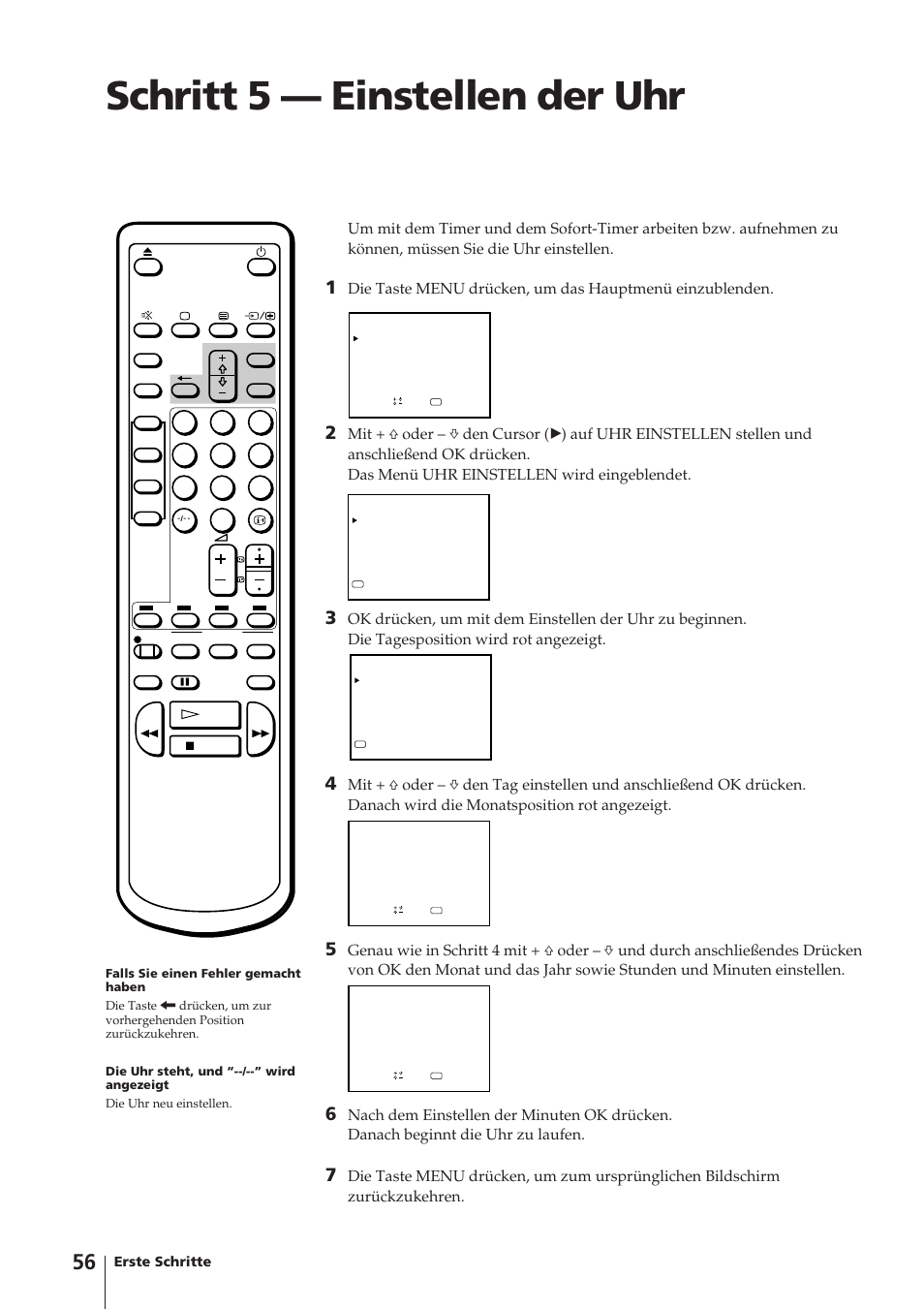Schritt 5 — einstellen der uhr, Erste schritte | Sony Trinitron KV-14V4D User Manual | Page 56 / 210