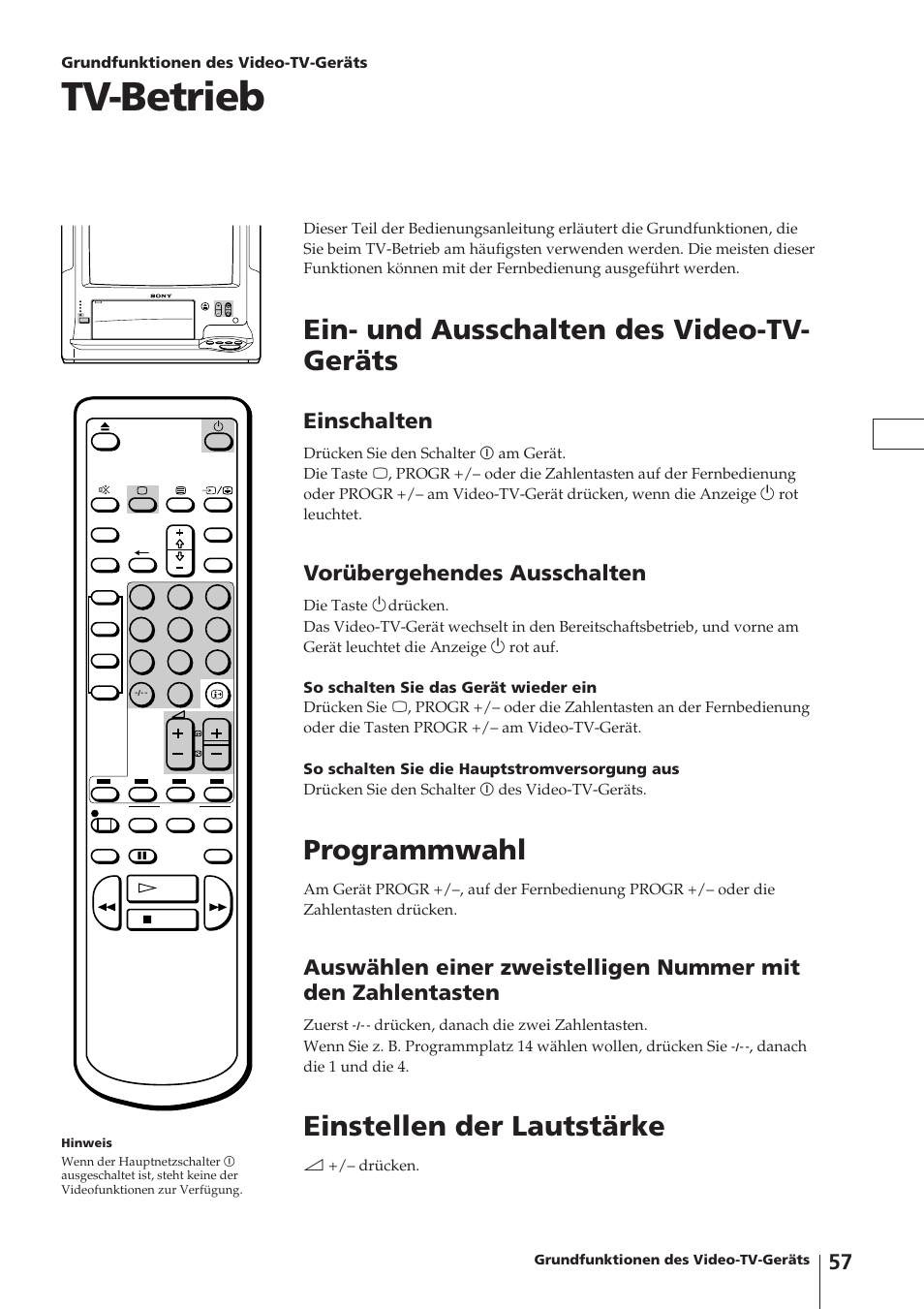 Tv-betrieb, Ein- und ausschalten des video-tv- geräts, Programmwahl | Einstellen der lautstärke, Einschalten, Vorübergehendes ausschalten | Sony Trinitron KV-14V4D User Manual | Page 57 / 210