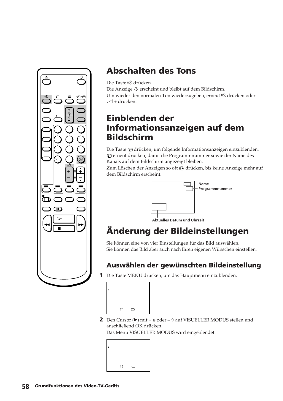 Abschalten des tons, Änderung der bildeinstellungen, Auswählen der gewünschten bildeinstellung | Sony Trinitron KV-14V4D User Manual | Page 58 / 210