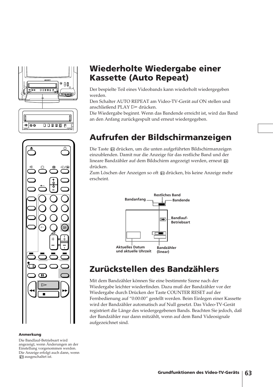 Zurückstellen des bandzählers, Aufrufen der bildschirmanzeigen | Sony Trinitron KV-14V4D User Manual | Page 63 / 210