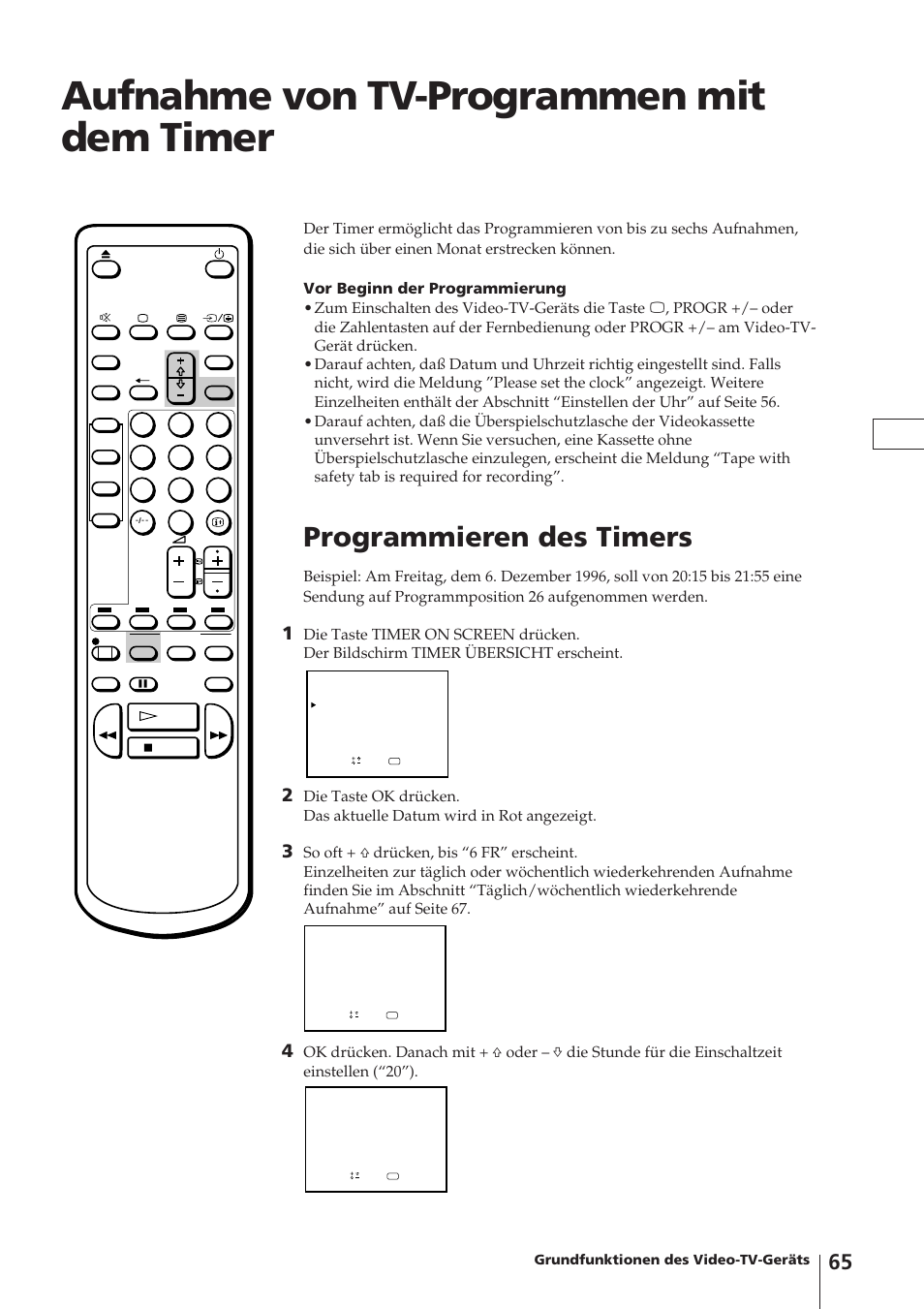 Aufnahme von tv-programmen mit dem timer, Programmieren des timers, Grundfunktionen des video-tv-geräts | Sony Trinitron KV-14V4D User Manual | Page 65 / 210