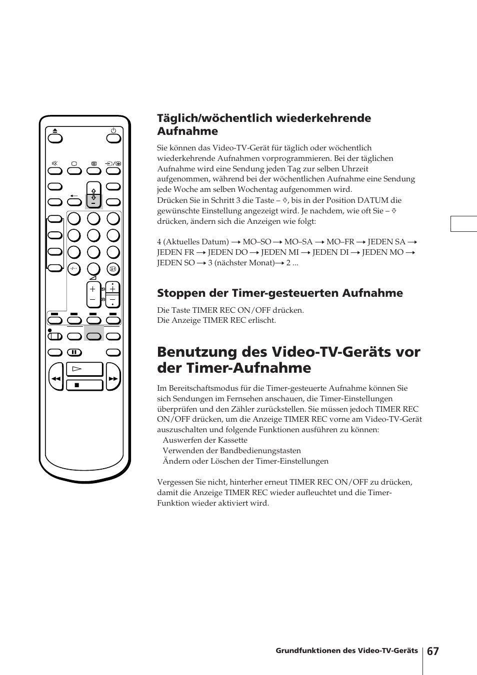 Täglich/wöchentlich wiederkehrende aufnahme, Stoppen der timer-gesteuerten aufnahme | Sony Trinitron KV-14V4D User Manual | Page 67 / 210