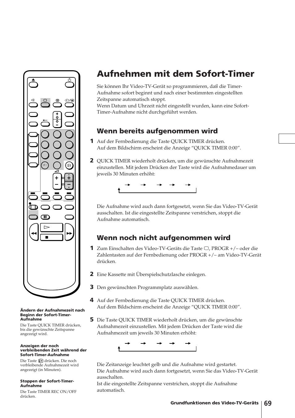 Aufnehmen mit dem sofort-timer, Wenn bereits aufgenommen wird, Wenn noch nicht aufgenommen wird | Sony Trinitron KV-14V4D User Manual | Page 69 / 210