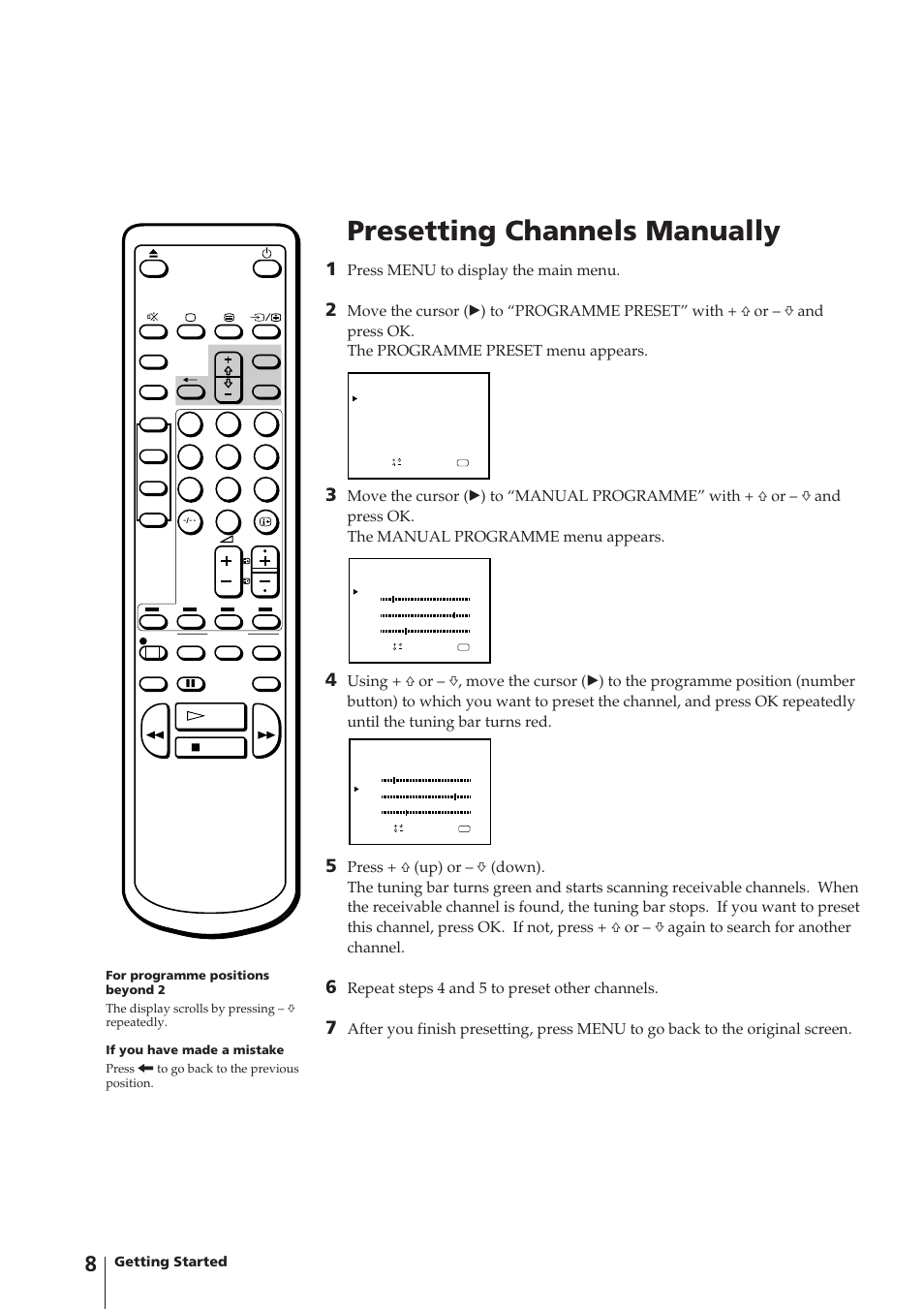 Presetting channels manually, Press menu to display the main menu, Repeat steps 4 and 5 to preset other channels | Getting started | Sony Trinitron KV-14V4D User Manual | Page 8 / 210
