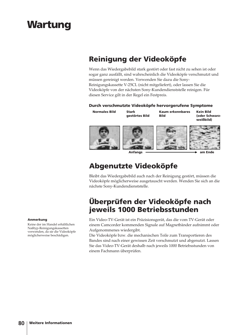 Wartung, Reinigung der videoköpfe, Abgenutzte videoköpfe | Sony Trinitron KV-14V4D User Manual | Page 80 / 210