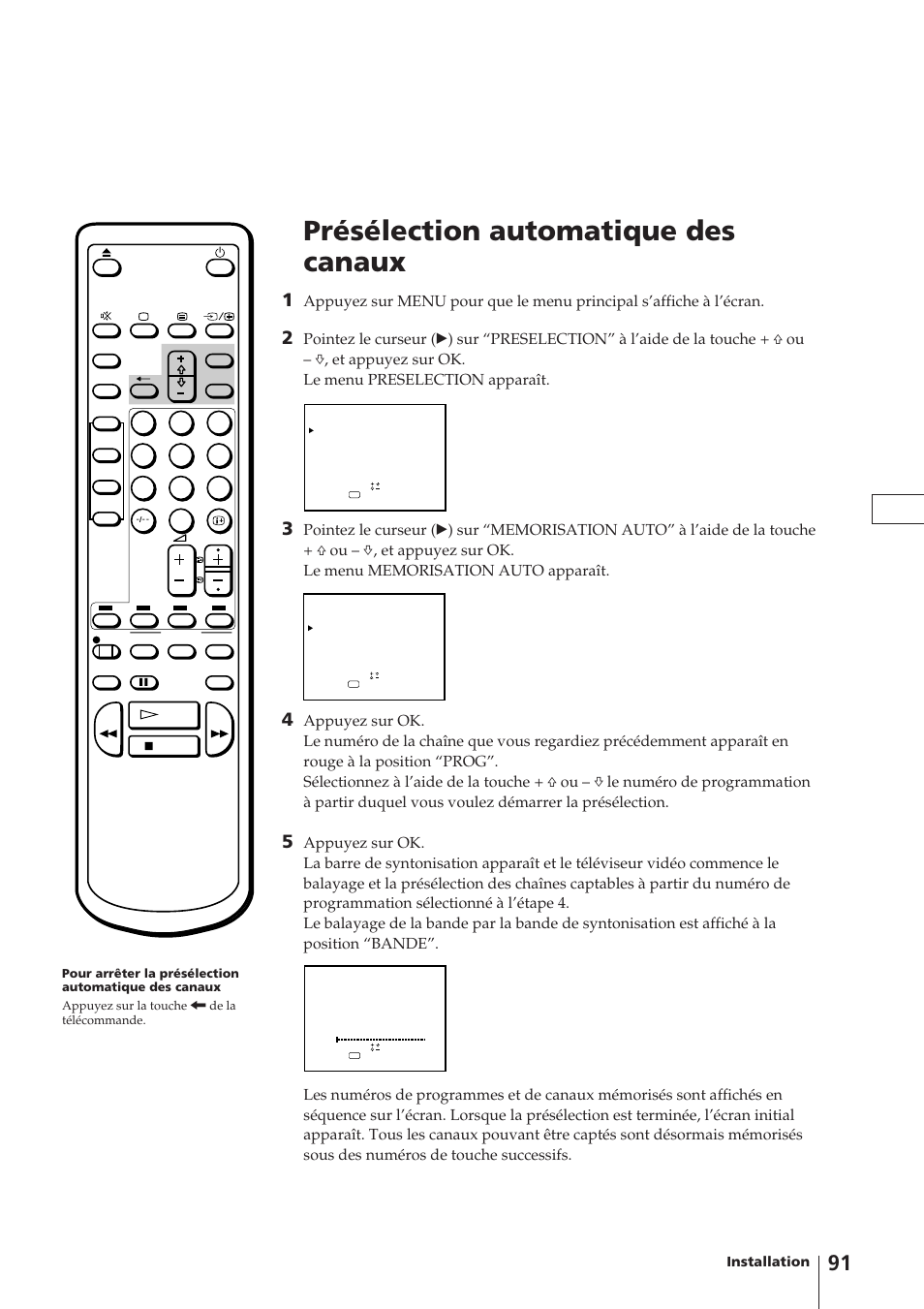 Présélection automatique des canaux | Sony Trinitron KV-14V4D User Manual | Page 91 / 210