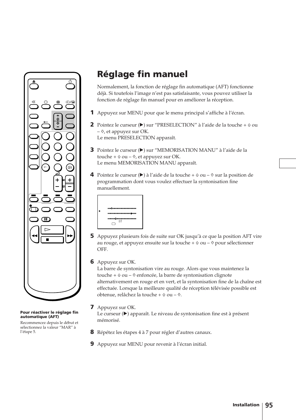 Réglage fin manuel, Appuyez sur menu pour revenir à l’écran initial | Sony Trinitron KV-14V4D User Manual | Page 95 / 210