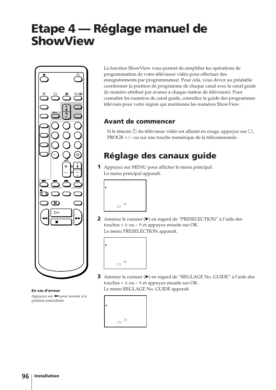 Etape 4 — réglage manuel de showview, Réglage des canaux guide, Avant de commencer | Sony Trinitron KV-14V4D User Manual | Page 96 / 210