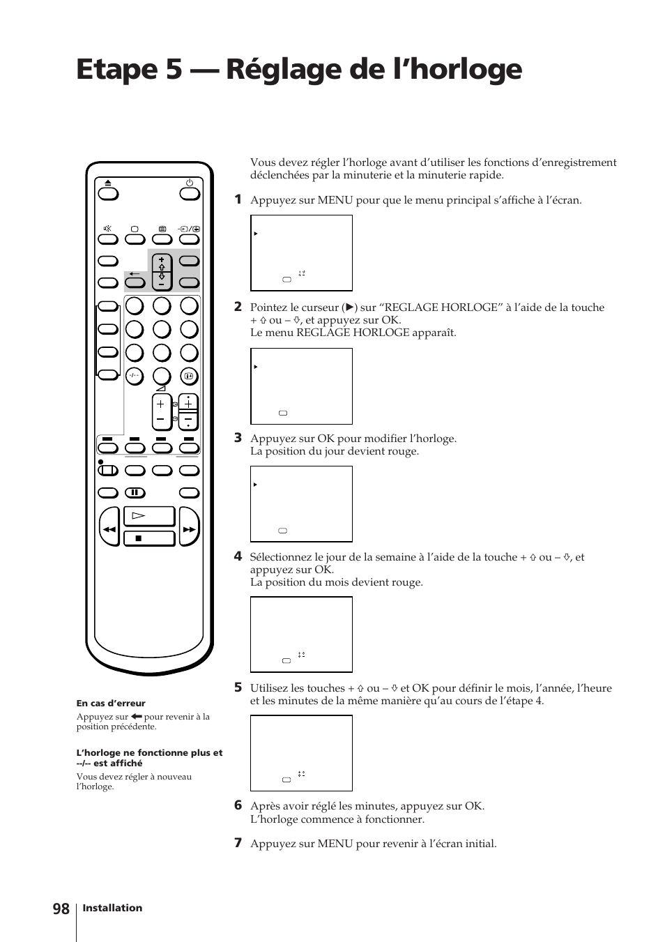 Etape 5 — réglage de l’horloge, Appuyez sur menu pour revenir à l’écran initial | Sony Trinitron KV-14V4D User Manual | Page 98 / 210