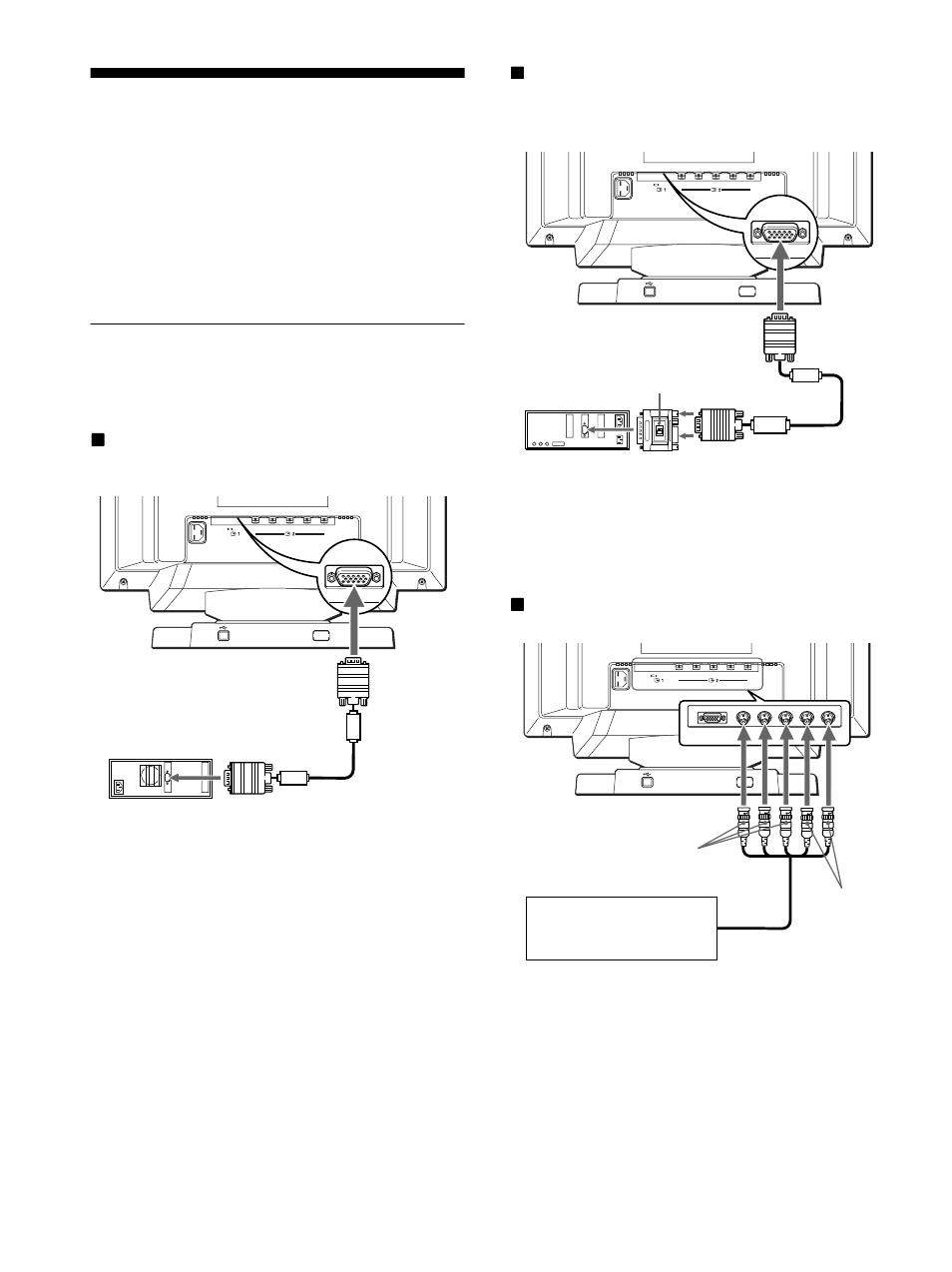 Setup, Step 1: connect your monitor to your computer, Xconnecting to an ibm pc/at or compatible computer | Xconnecting to a macintosh or compatible computer, Xconnecting to the five bnc connectors | Sony GDM-F400T9 User Manual | Page 6 / 84