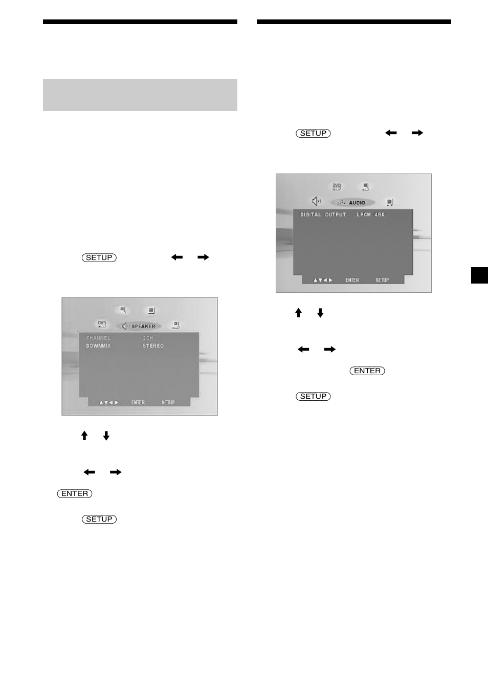 Selecting the speaker mode — speaker menu, Selecting the downmix mode — downmix, 25 selecting the speaker mode | Selecting the digital audio output mode | Sony MV-65ST User Manual | Page 25 / 112
