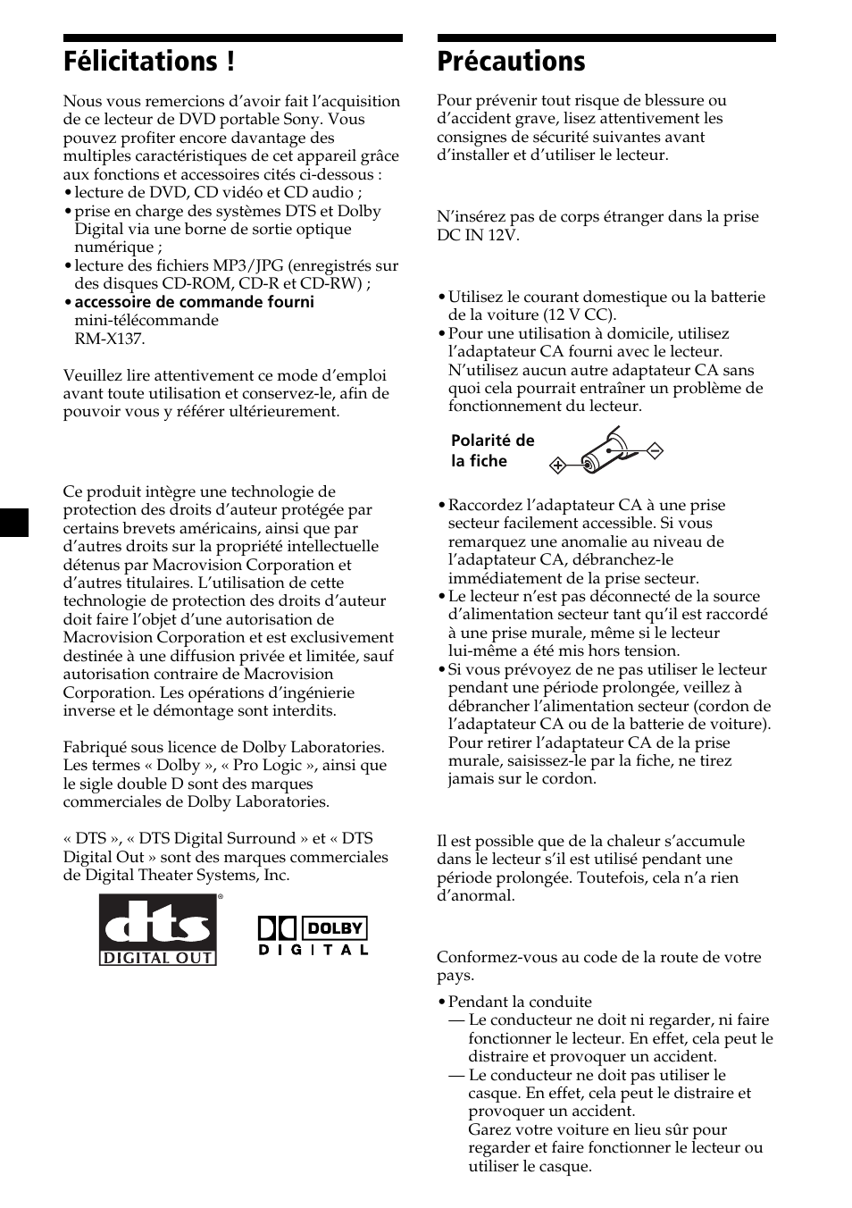 Félicitations, Précautions, 4précautions | Sony MV-65ST User Manual | Page 40 / 112