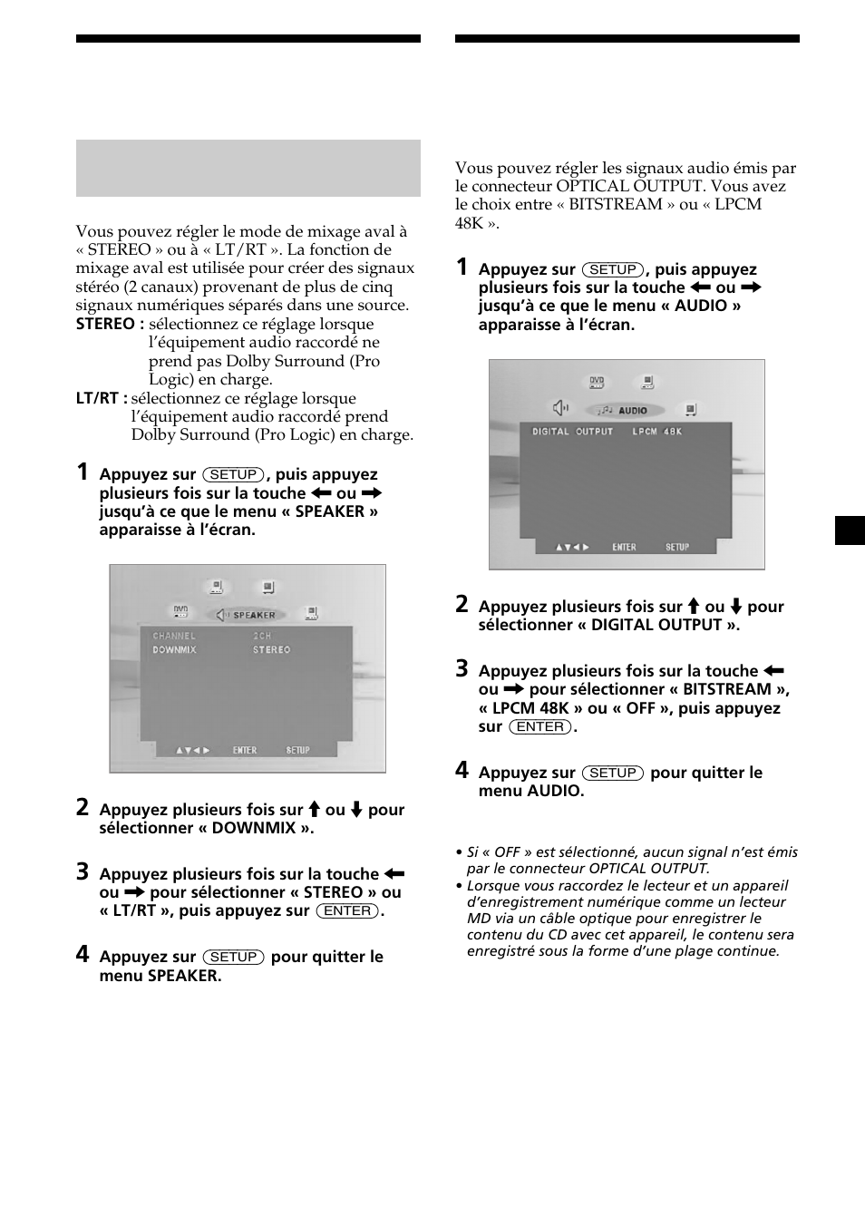 Sélection du mode de haut-parleur — menu speaker, Sélection du mode de mixage aval — downmix, 25 sélection du mode de haut-parleur | Sélection du mode de sortie audio numérique | Sony MV-65ST User Manual | Page 61 / 112