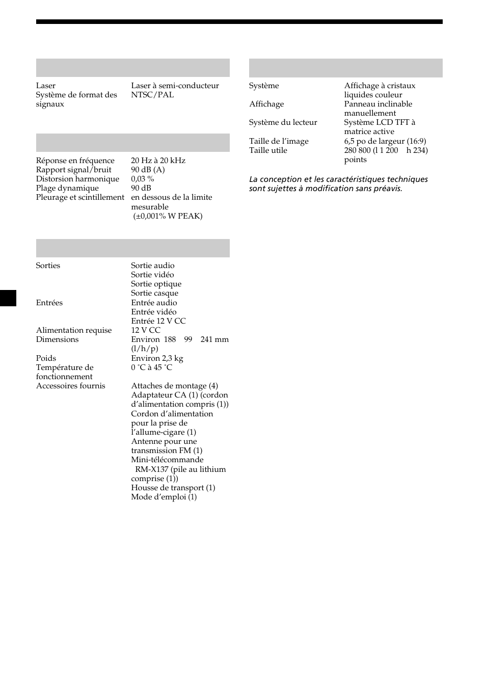 Caractéristiques techniques, 34 caractéristiques techniques, Système | Caractéristiques audio, Caractéristiques générales, Moniteur | Sony MV-65ST User Manual | Page 70 / 112