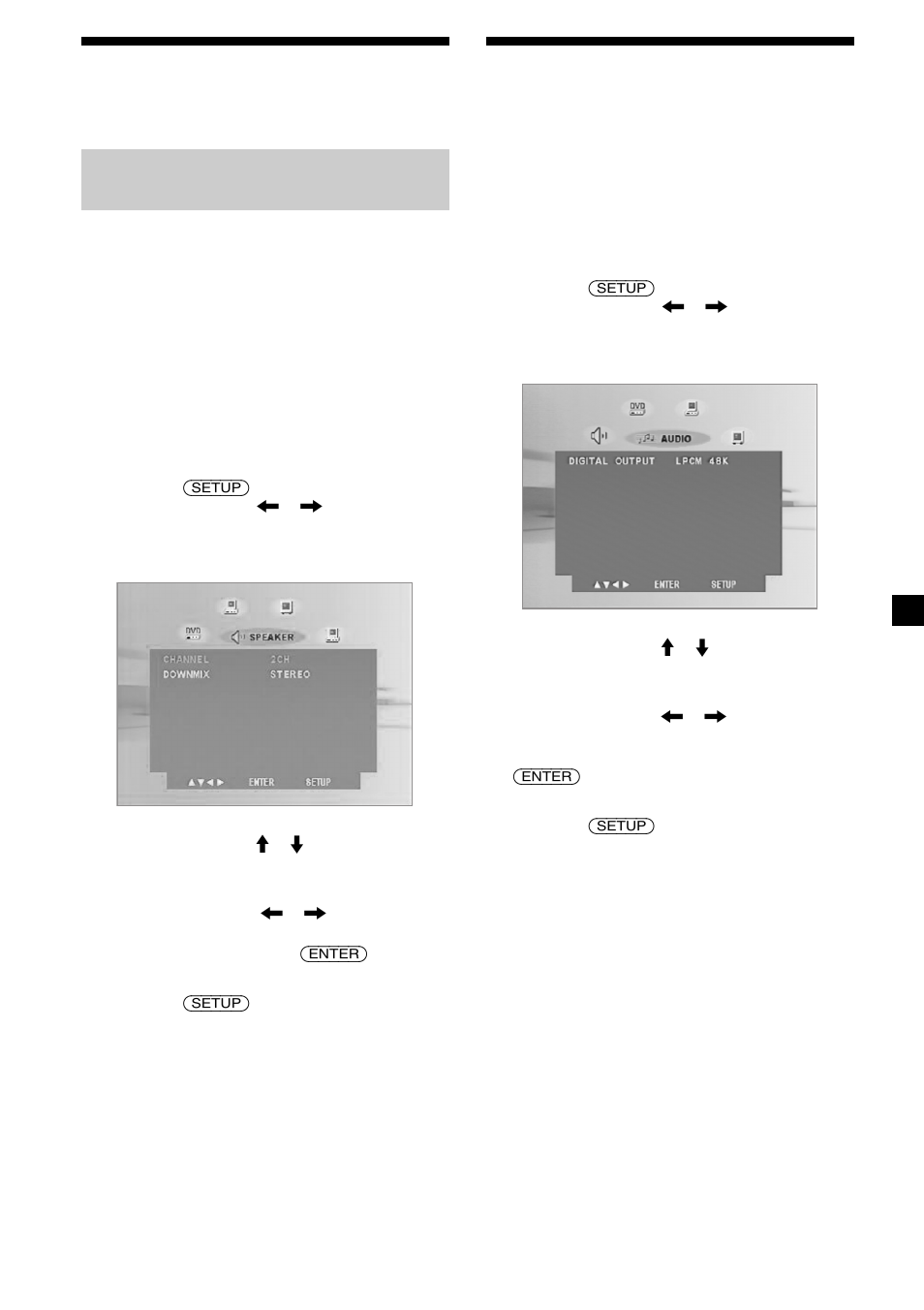 Selección del modo de altavoz — menú speaker, Selección del modo de mezcla — downmix, 25 selección del modo de altavoz | Selección del modo de salida de audio digital | Sony MV-65ST User Manual | Page 97 / 112