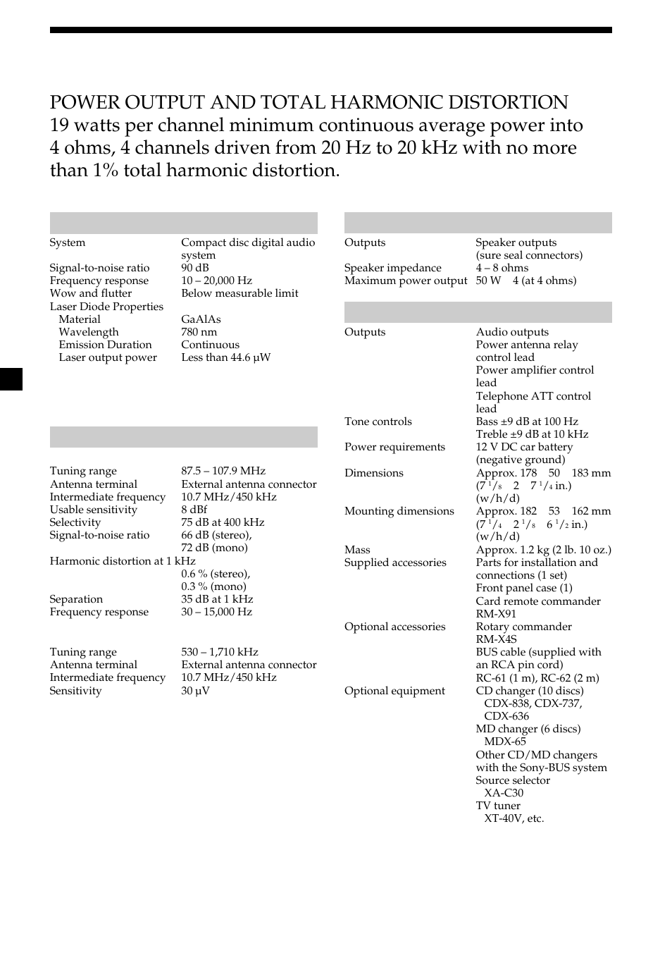 26 specifications, Audio power specifications, General | Sony CDX-C7050X User Manual | Page 26 / 28