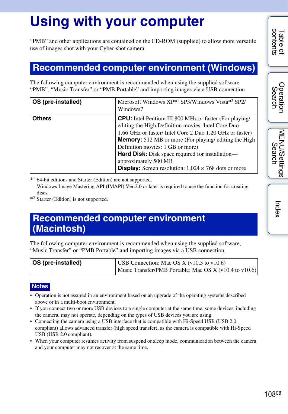 Using with your computer, Recommended computer environment (windows), Recommended computer environment (macintosh) | Sony Cyber-shot 4-162-397-11(1) User Manual | Page 108 / 137