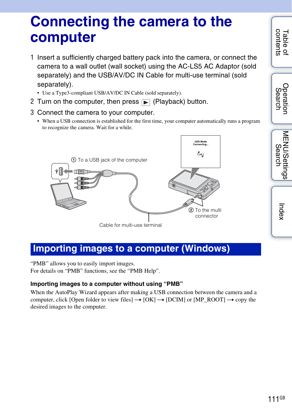 Connecting the camera to the computer, 111 w, Importing images to a computer (windows) | Sony Cyber-shot 4-162-397-11(1) User Manual | Page 111 / 137