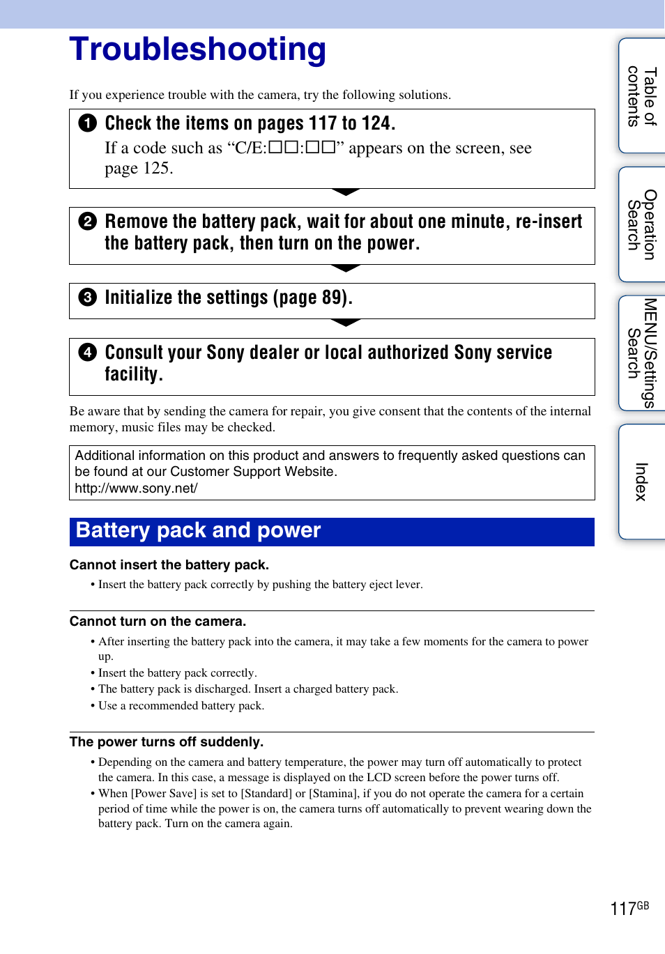 Troubleshooting, Battery pack and power | Sony Cyber-shot 4-162-397-11(1) User Manual | Page 117 / 137