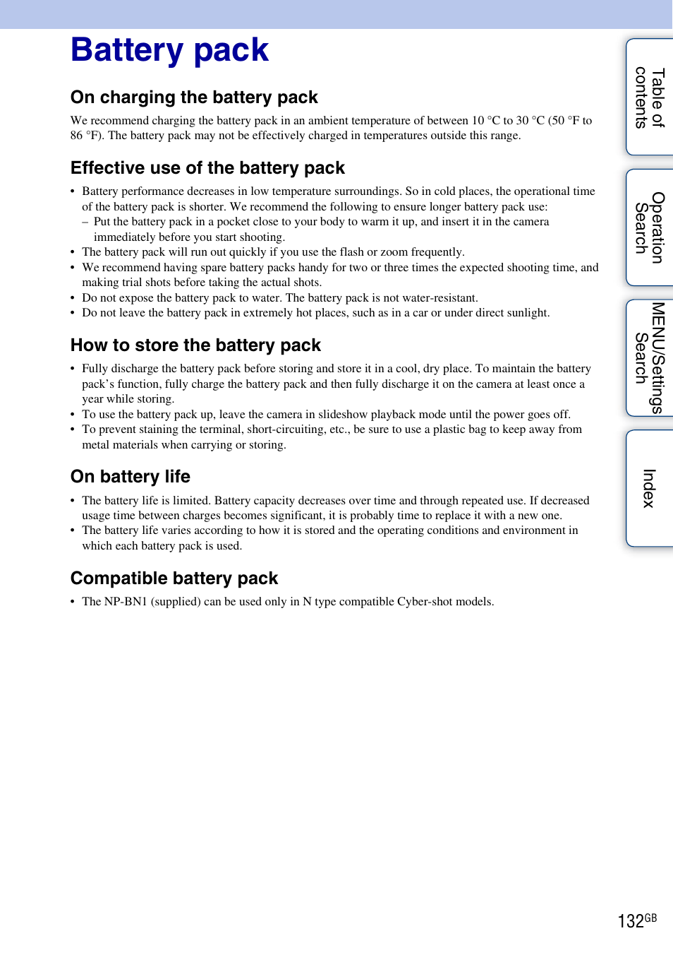 Battery pack, On charging the battery pack, Effective use of the battery pack | How to store the battery pack, On battery life, Compatible battery pack | Sony Cyber-shot 4-162-397-11(1) User Manual | Page 132 / 137