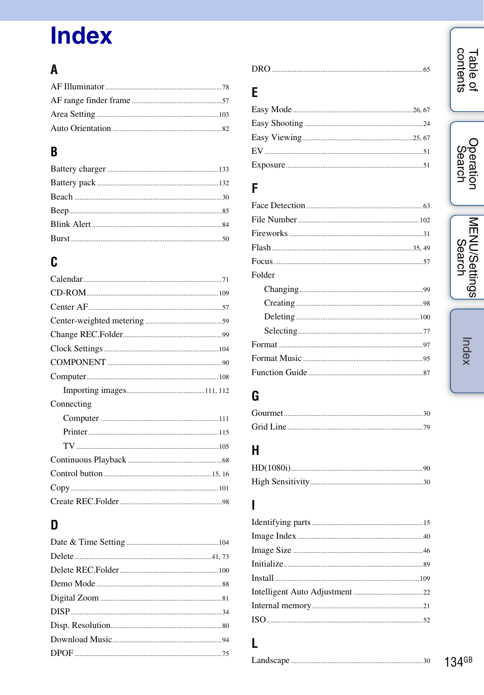 Index, De x | Sony Cyber-shot 4-162-397-11(1) User Manual | Page 134 / 137