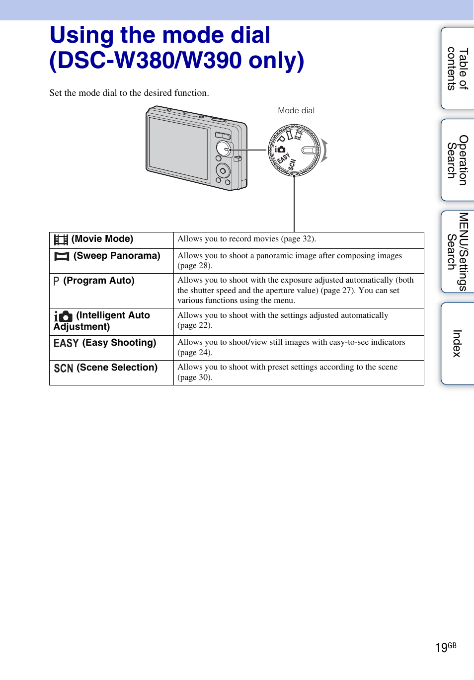 Using the mode dial (dsc-w380/w390 only), Using the mode dial (dsc-w380/w390 only) ····· 19 | Sony Cyber-shot 4-162-397-11(1) User Manual | Page 19 / 137