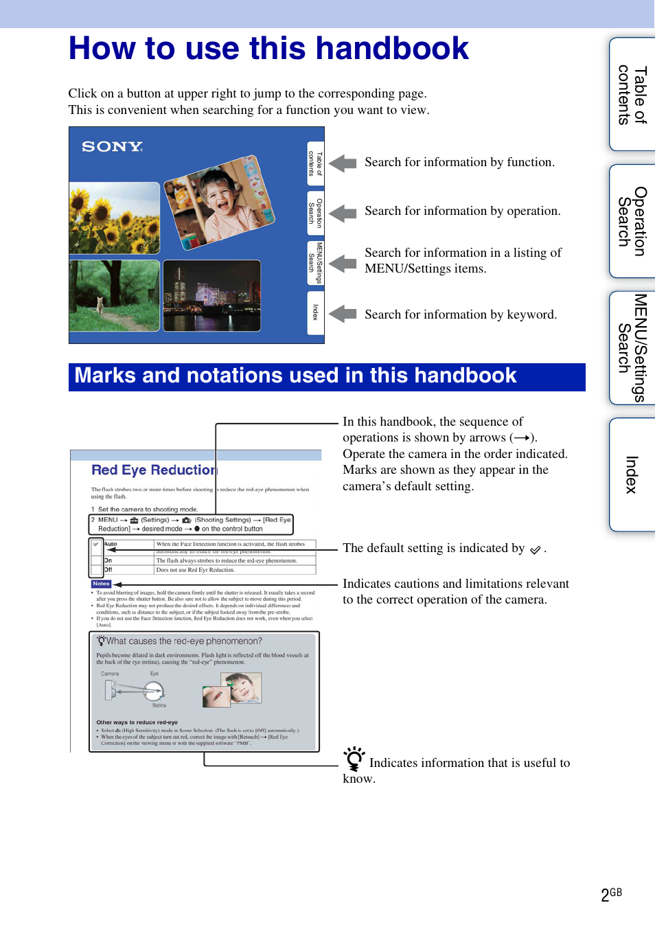 How to use this handbook, Marks and notations used in this handbook | Sony Cyber-shot 4-162-397-11(1) User Manual | Page 2 / 137