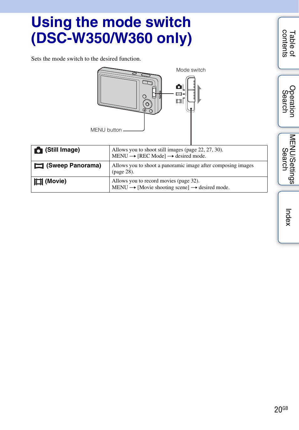 Using the mode switch (dsc-w350/w360 only), H (20) | Sony Cyber-shot 4-162-397-11(1) User Manual | Page 20 / 137